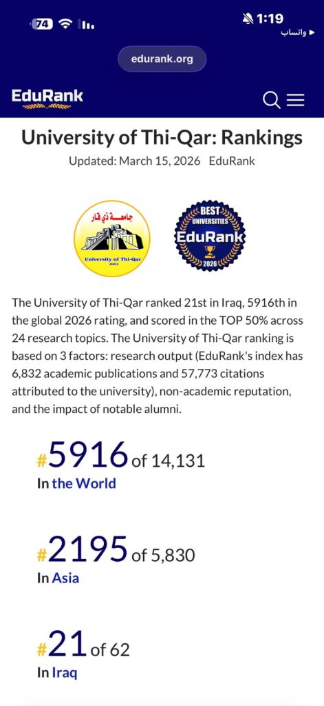 جامعة ذي قار تعزز حضورها العالمي في تصنيف EduRank 2026 وتواصل تقدمها في مؤشرات التميز الأكاديمي والبحثي